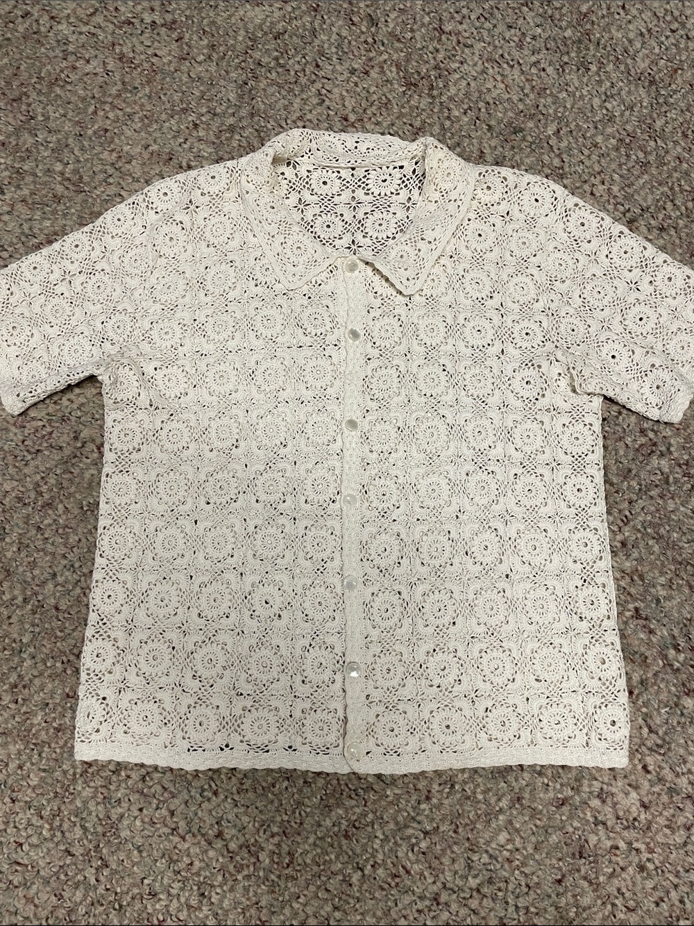 Vintage hand made lace Cream knit pearl Button-Up collared blouse top